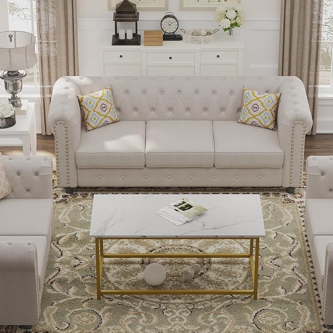 SAYGOER White Faux Marble Coffee Table Simple Modern Rectangular Coffee Tables Open Design Minimalist Center Table for Living Room Office, 39.37 x 19.69 x 17.72, White Gold