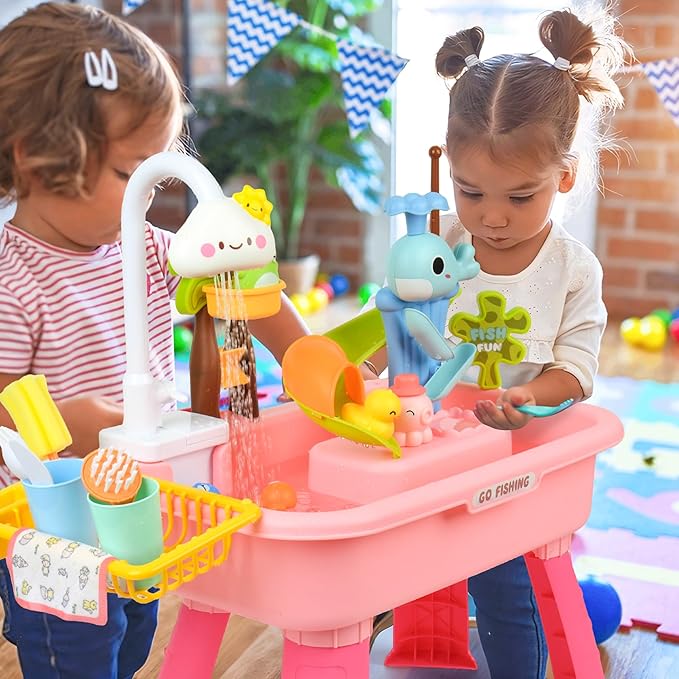 2026 Upgraded Water Table for Toddlers 1-3, Water Table with Pump,Toy Kitchen Sets for Kids Ages 4-8, with Detachable Legs, Play Sink with Electric Faucet, Includes Play Vegetables and Fishing Game