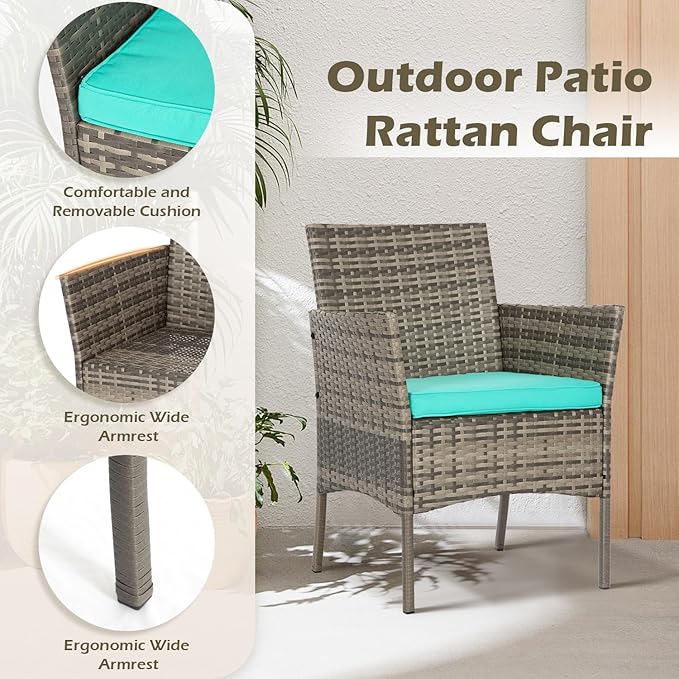 FDW 3 Piece Outdoor Furniture Set Patio Gray Wicker Chairs Furniture Bistro Conversation Set 2 Rattan Chairs with Blue Cushions and Glass Coffee Table for Porch Lawn Garden Balcony Backyard