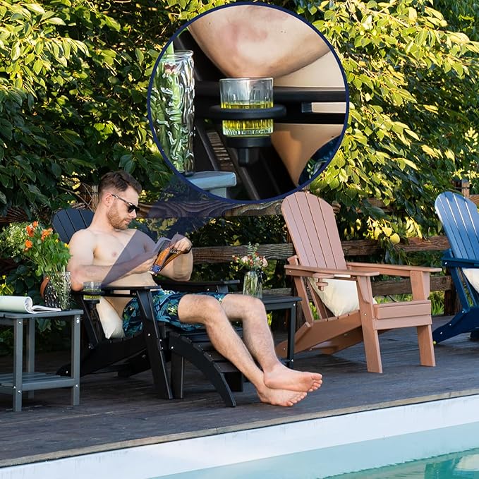 nevilywood Folding Adirondack Chair with Cup Holder Set of 4, HDPE Patio Chairs,All-Weather Outdoor Chairs for Backyard, Deck,Fire Pit-Black