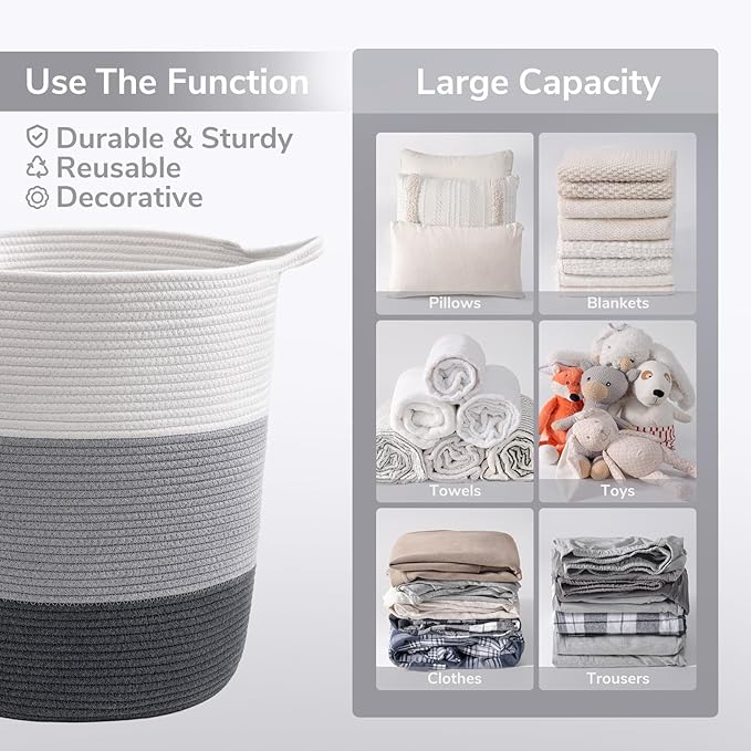 INDRESSME Tall Laundry Basket Woven Baby Hamper and Nursery Hamper, Cotton Rope Toy Baskets with 65L Capacity, Large Storage Baskets for Clothes, Blankets, Toys in Living Room, Bathroom, Bedroom