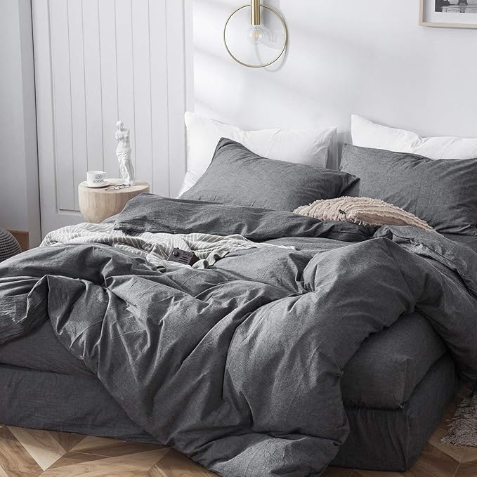 MooMee Bedding Duvet Cover Set 100% Washed Cotton Linen Like Textured Breathable Durable Soft Comfy (Heathered Dark Grey, Alaska King 132"x120")