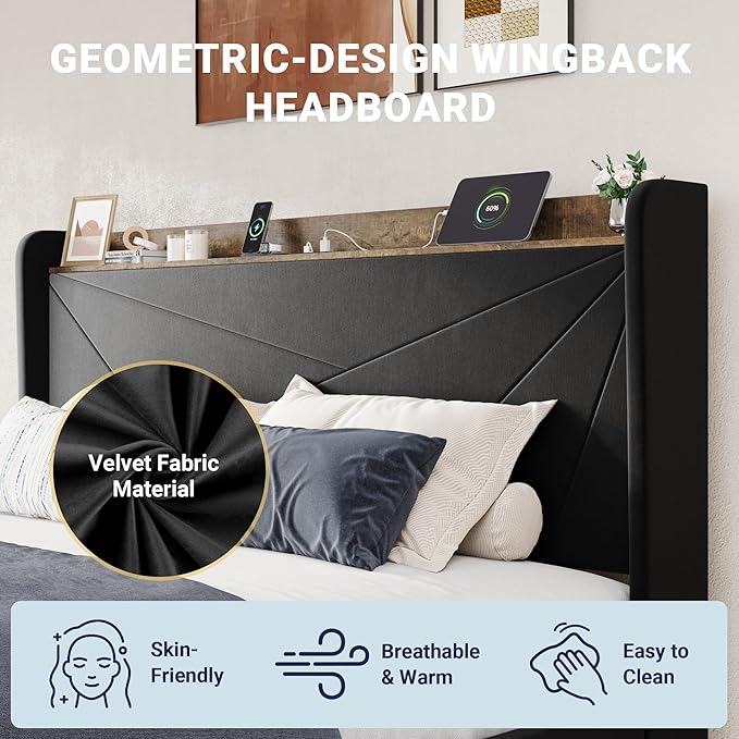 Allewie King Size Velvet Bed Frame with 3 Storage Drawers, Upholstered Platform Bed with Wingback Storage Headboard and USB Ports, No Box Spring Needed, Easy Assembly, Black