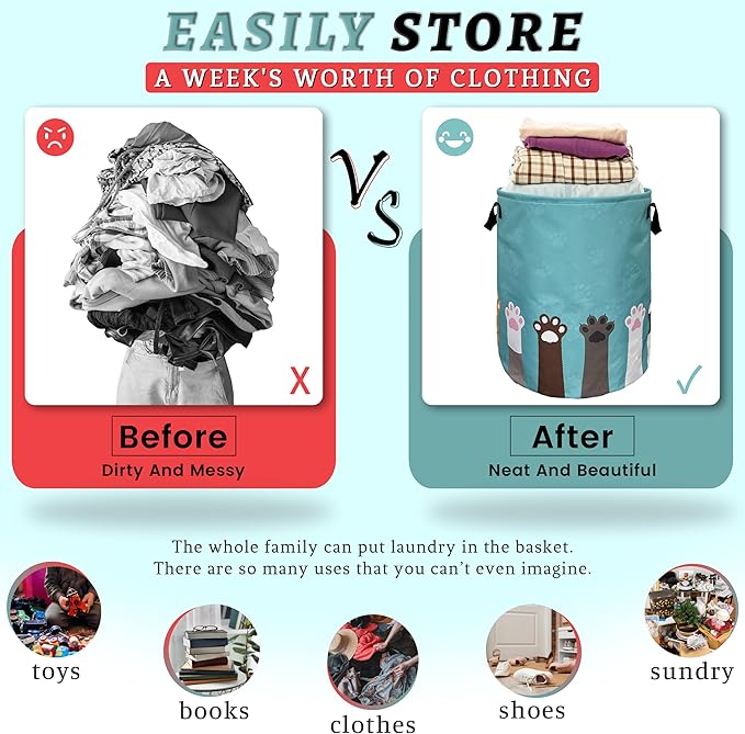 Cute Cat Paws Dog Paw Laundry Basket Foldable With Handles Tote Bag Oxford Cloth Funny Animal Laundry Hamper 18.9" x 16.5 "Clothes Storage Bucket Toy Organizer For Bathroom/Laundry/Bedroom