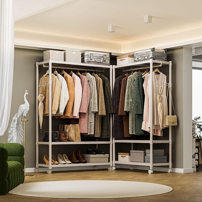 IZEUK Heavy Duty Clothing Rack with Wheels, Rolling Closet Organizer and Garment Rack for Hanging Clothes with 1 Hang Rods & Side Hooks, Metal Wardrobe, 17.7" D x 33.5" W x 70.3" H, Gold