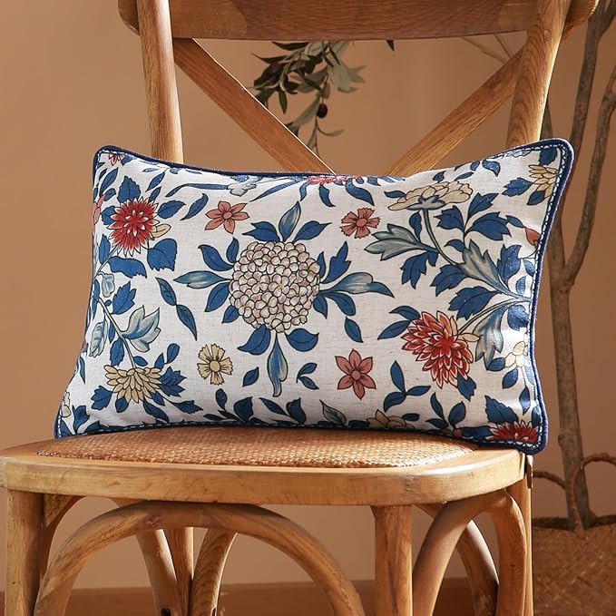 patdrea Designer Throw Pillow Covers Set of 2,Euro Elegant Linen with Colorful Blooming Floral Pattern Pillow Cover,Decorative Lumbar Pillowcases Cushion for Bed Living Room Outdoor Car,12"x20"