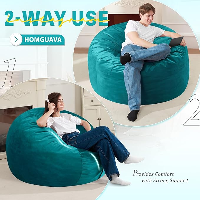 Homguava 3FT Bean Bag Chair: 3' Bean Bags with Memory Foam Filled, Large Beanbag Chairs Soft Sofa with Dutch Velet Cover-Sea Blue