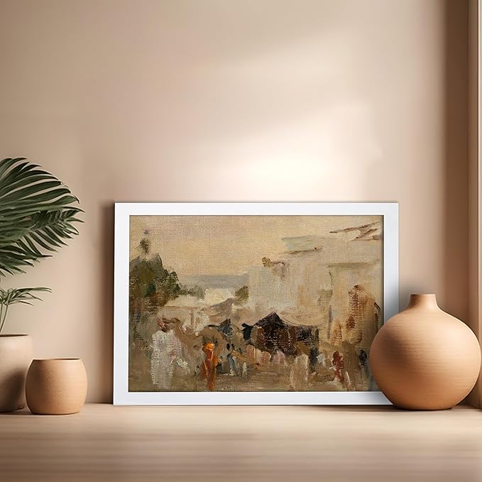 Poster Master Vintage The Bazaar Painting Poster - Retro Street in Udaipur Print - India Art - Cityscape Art - Farmhouse Art - Abstract Art - Office or Living Room Wall Decor, 16x20 White Framed