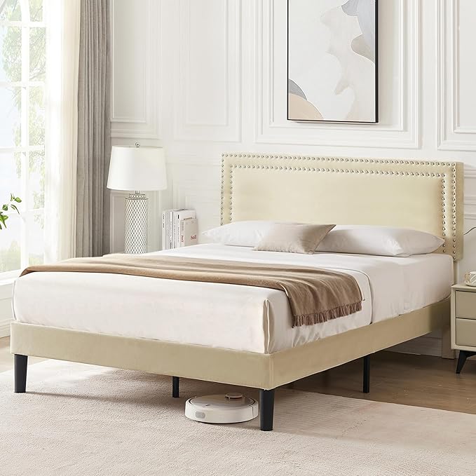 VECELO Full Size Platform Bed Frame with Height Adjustable Upholstered Headboard, Modern Mattress Foundation,Strong Wood Slat Support, No Box Spring Needed, Easy Assembly