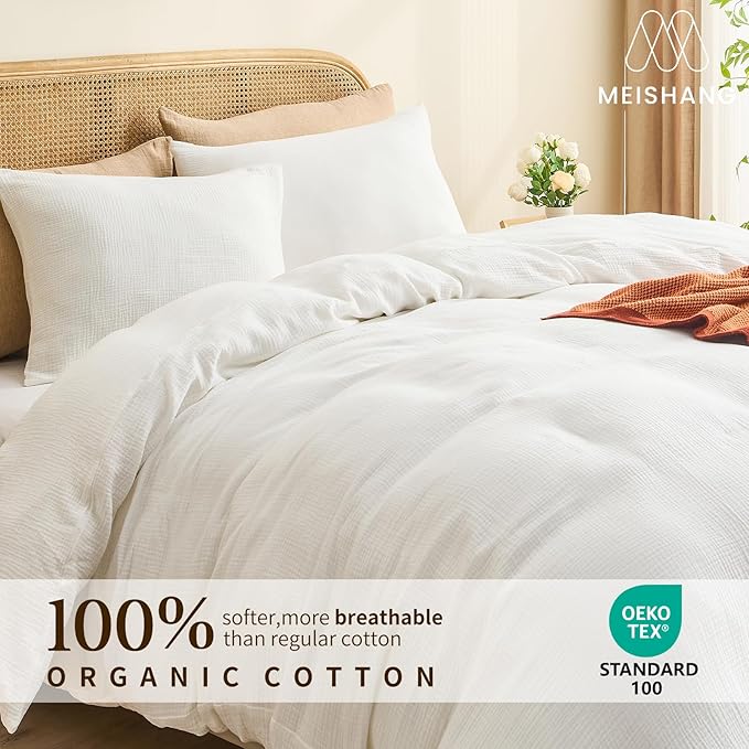 MEISHANG Muslin Duvet Cover Queen Size - 100% Organic Cotton, Soft Textured Gauze Weave Comforter Cover for Breathable All-Season with Zipper Closure - 3 Piece Set (Queen, White)