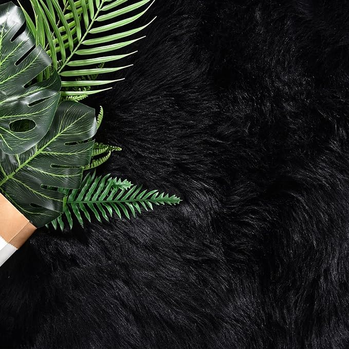 Latepis Black Shag Rugs 8x10, Faux Fur Sheepskin Rug for Living Room, Fluffy Washable Rug for Bedroom, Dorm, Luxury Room Decor, Rectangle