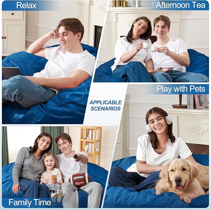 Homguava 4 FT Bean Bag Chair: 4' Bean Bags with Memory Foam Filled, Large Beanbag Chairs Soft Sofa with Dutch Velvet Cover-Blue