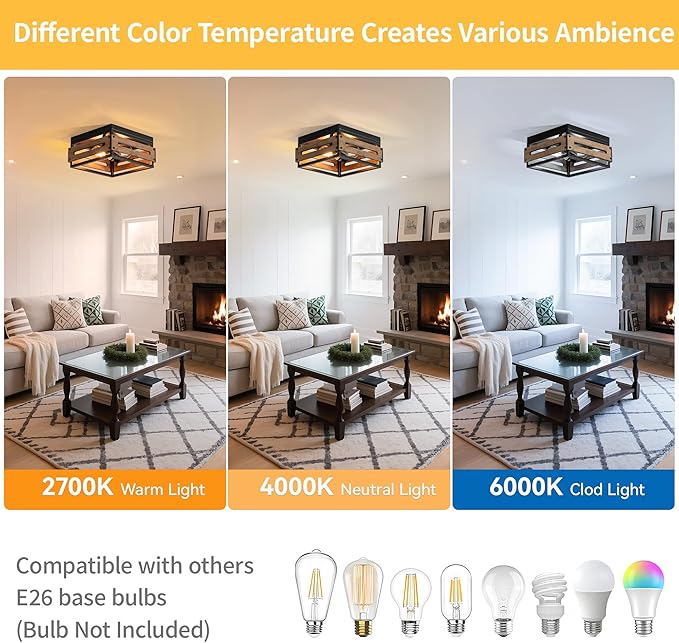 MAYNA Farmhouse Ceiling Light, 2-Light Rustic Flush Mount Ceiling Light with Metal and Wood, Farmhouse Hallway Light Fixtures for Kitchen Entryway Bedroom Dining Room