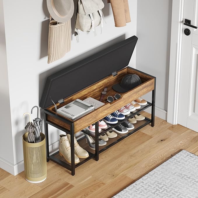 Shoe Rack Bench with Upholstered Cushion, Shoe Storage Bench with Adjustable Shelf and Hidden Storage Compartment for Hallway Entryway Living Room Rustic Brown (2-Tier)
