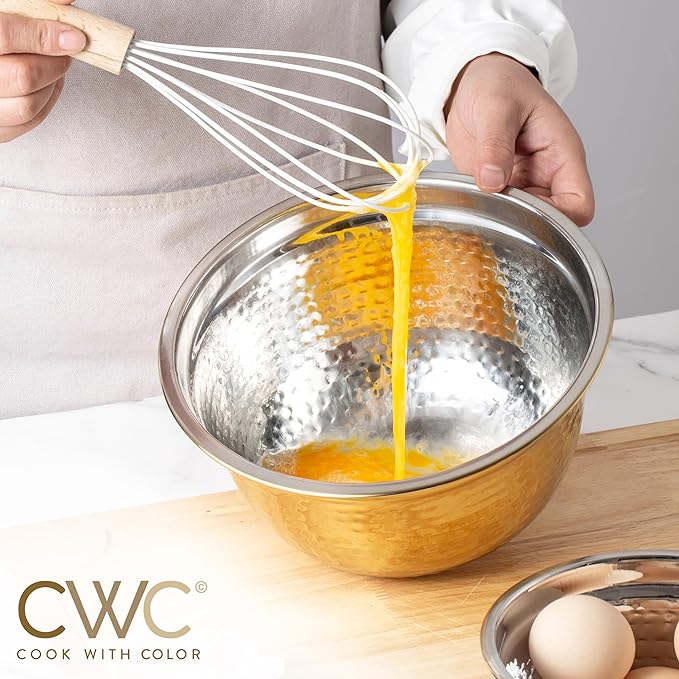 COOK WITH COLOR 18 Piece Mixing Bowls Set with Airtight Lids, Stainless Steel Bowl Organizers, Food Storage Containers, Meal Prep, Nesting Salad Bowls For Cooking, Baking, Kitchen, Gold - Hammered