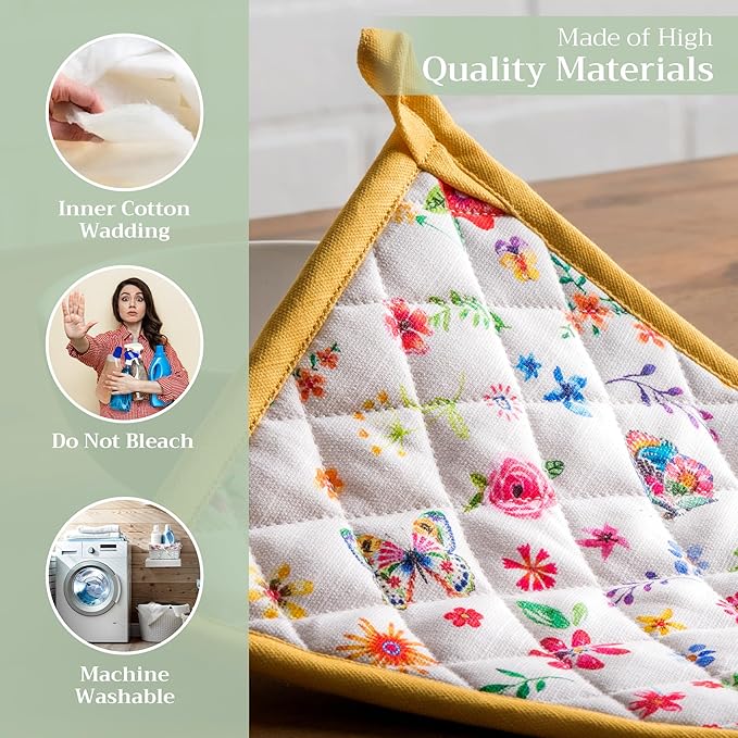 Maison d' Hermine Pot Holders 100% Cotton Heat Resistant Potholders 8" x 8" Hot Pads with Loop BBQ, Cooking, Grilling, Kitchen, Handling Hot Pans Spring/Summer (Pack of 1, Happy Florals - Sweety)