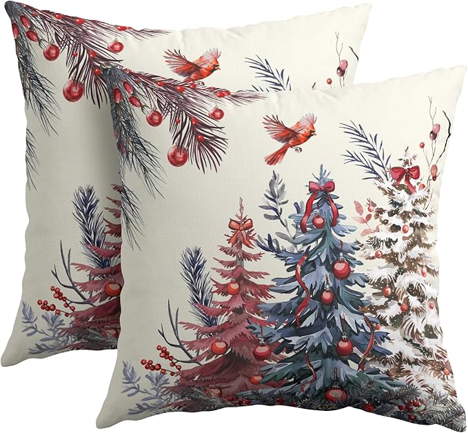 Kawani Christmas Pillow Covers 16x16 Inch Red Christmas Trees Decorative Throw Pillow Covers Set of 2 Winter Xmas Holiday Pillowcases Cushion Covers for Couch Indoor Outdoor Home Decor