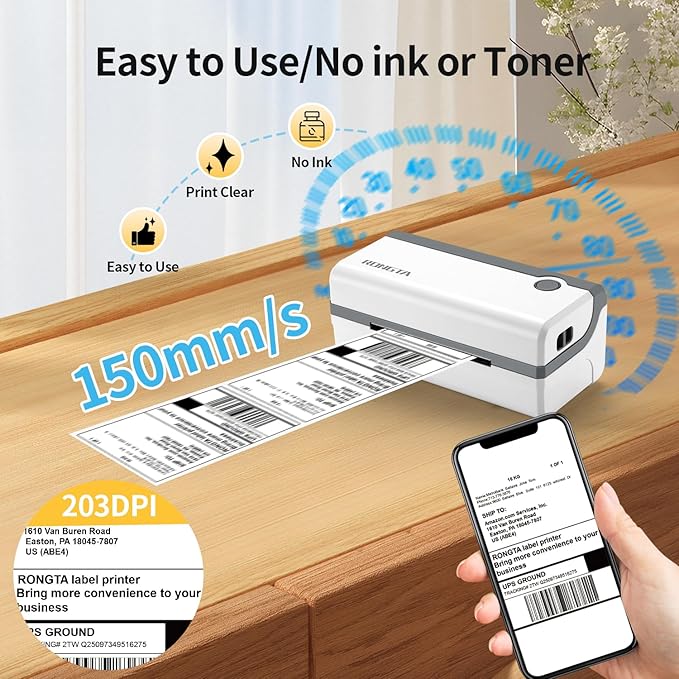 Rongta Bluetooth Thermal Shipping Label Printer, Wireless 4x6 Label Printer for Shipping Packages, Support Android, iPhone, Widely Used for Amazon, Ebay, Shopify, Etsy, USPS (Bluetooth+USB)