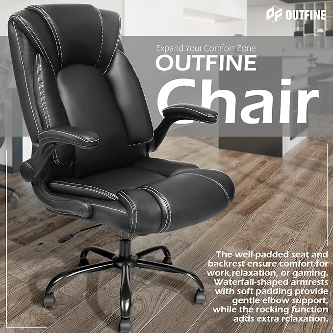 OUTFINE Flip-up Arms Office Chair 300lbs Executive Chair Swivel Office Chair with hydrolysis-Resistant Leather Spring Cushion Thick Padding and Ergonomic Design (Black, Flip Arm Medium)