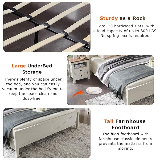 T4TREAM Farmhouse Queen Size Bed Frame w/Storage Bookcase Headboard, Sliding Barn Door, Charging Station, Rustic Wood Platform Bed w/Wood Slats Support, No Box Spring Needed, Antique White