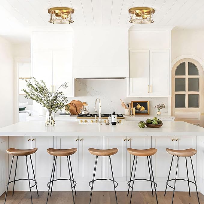 LamQee Flush Mount Ceiling Light with Clear Hammered Glass, Industrial 2-Lights Farmhouse Close to Ceiling Light Fixtures Round Low Profile Lights for Kitchen Hallway Foyer Entrance Bedroom Gold