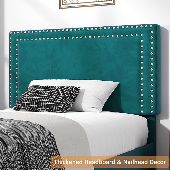 VECELO Twin Size Platform Bed Frame with Height Adjustable Upholstered Headboard, Modern Mattress Foundation,Strong Wood Slat Support, No Box Spring Needed, Easy Assembly