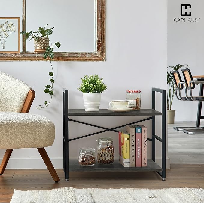 CAPHAUS 3 Tier Small Bookshelf, 24 Inch Width Free Standing Shelf, Bookcase Shelf Storage Organizer, Industrial Book Shelves for Home Office, Living Room, Dark Grey Shelves & Metal Frame