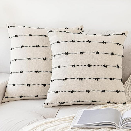 Boho Throw Pillow Covers 24x24 Set of 2 Modern Farmhouse Decorative Cushion Case Tufted Square Pillows Cover Neutral Pillow Cases Accent Pillowcase for Sofa,Couch,Bed,Beige and Black