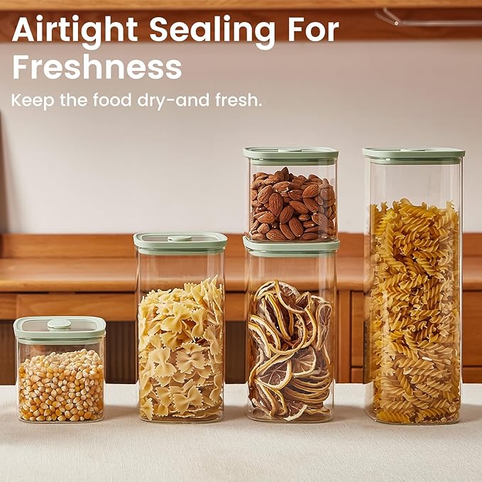 Square Glass Food Storage Jars with Lids[Set of 5], Perfect for Pasta, Cookies, Nuts, Coffee, Cereal, Flour,Organize Your Kitchen with these BPA-Free Glass Jars with Silicone Lids