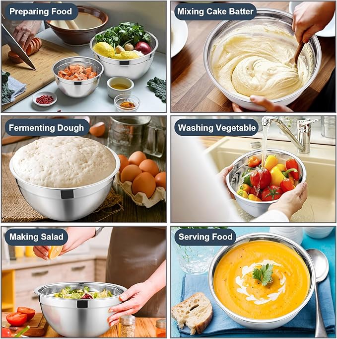 P&P CHEF Mixing Bowls with Lids Set of 6, Stainless Steel Nesting Salad Bowl & 3 Grater Attachments for Prepping Storing, 4.6/2.6/2/1.5/1/0.7 QT, Blue