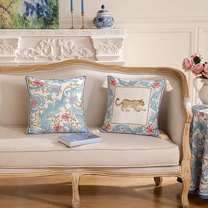 patdrea Designer Throw Pillow Cover for Couch 18"x18",Vintage French Linen Pillowscover with Cheetah Pattern and White Pendant,Farmhouse Decorative Pillowcases for Bed Living Room Outdoor Set of 2