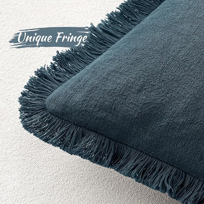 MIULEE Decorative Throw Pillow Covers Neutral Linen Fringe Throw Pillows Set of 2 Navy Blue Boho Farmhouse Cushion Covers with Tassels for Couch Sofa Bed Living Room Spring Home Decor 20x20 Inch