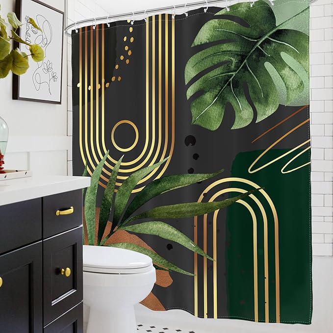 Glawry Dark Green Gold Boho Mid Century Shower Curtain Abstract Tropical Plant Minimalist Modern Geometric Palm Leaf Bathroom Simple 60Wx72L Inches Bath Accessories Art Home Decor Fabric 12 Pack Hooks