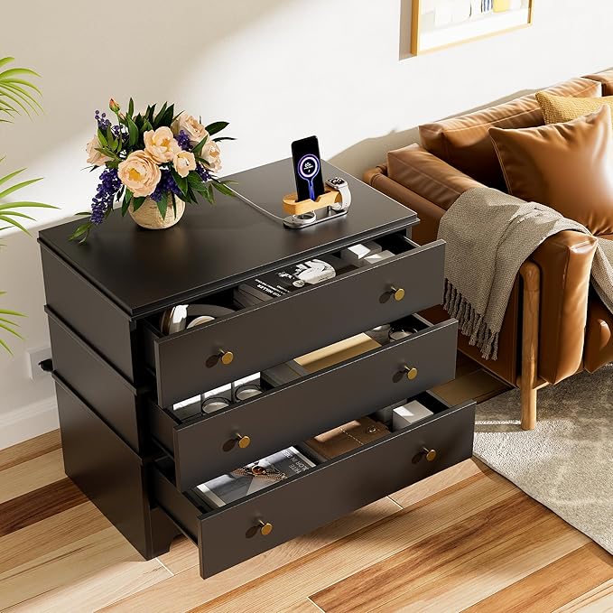 3 Drawer Nightstand with Charging Station,28" Farmhouse Night Stand & Modern Bedside Table, Wood End Table Storage Cabinet for Hallway, Entryway,Black Set of 2