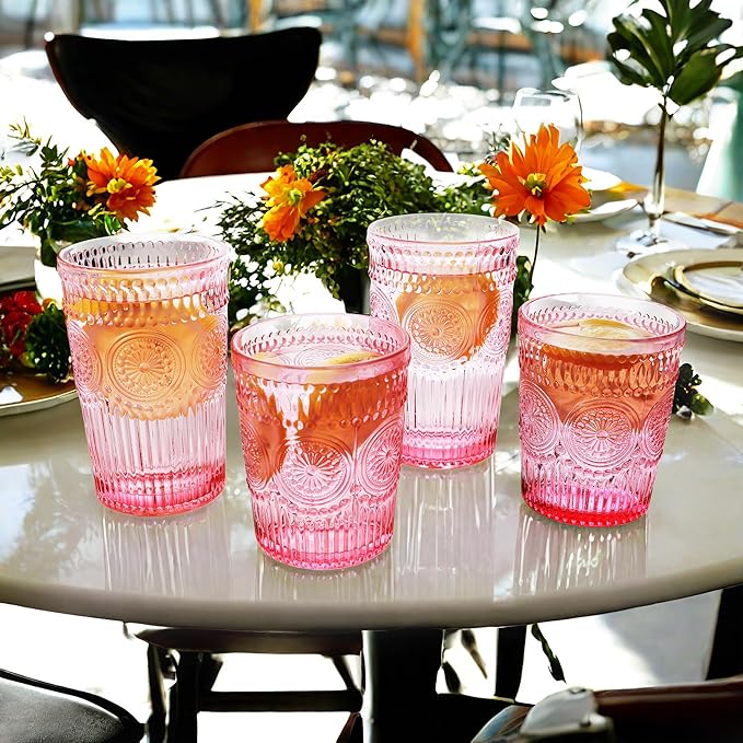 12pcs Vintage Drinking Glasses Set, 12 oz Highball Glasses & 9 oz Embossed Ribbed Glassware Cups for Cocktail, Water, Juice, Coffee, Whiskey (Pink)