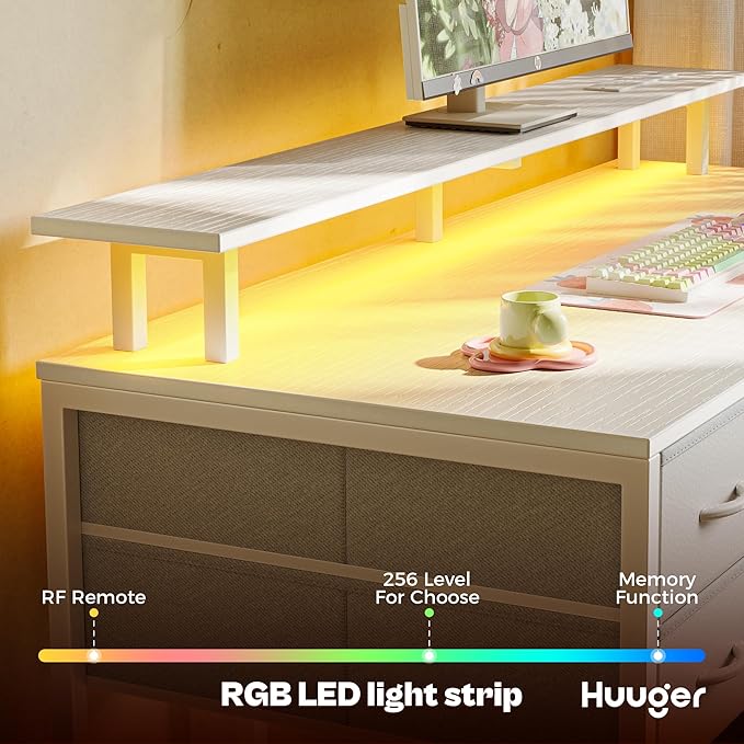 Huuger 55 inch Computer Desk with 4 Drawers, Gaming Desk with LED Lights & Power Outlets, Home Office Desk with Large Storage Space for Bedroom, Work from Home, White