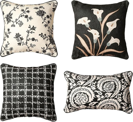 Black Throw Pillow Covers Set of 4,Elegant French with White Floral Pattern Throw Pillow Cases,Decorative Square Lumbar Pillows for Couch Sofa Bed Chair Cushion Covers Living Room