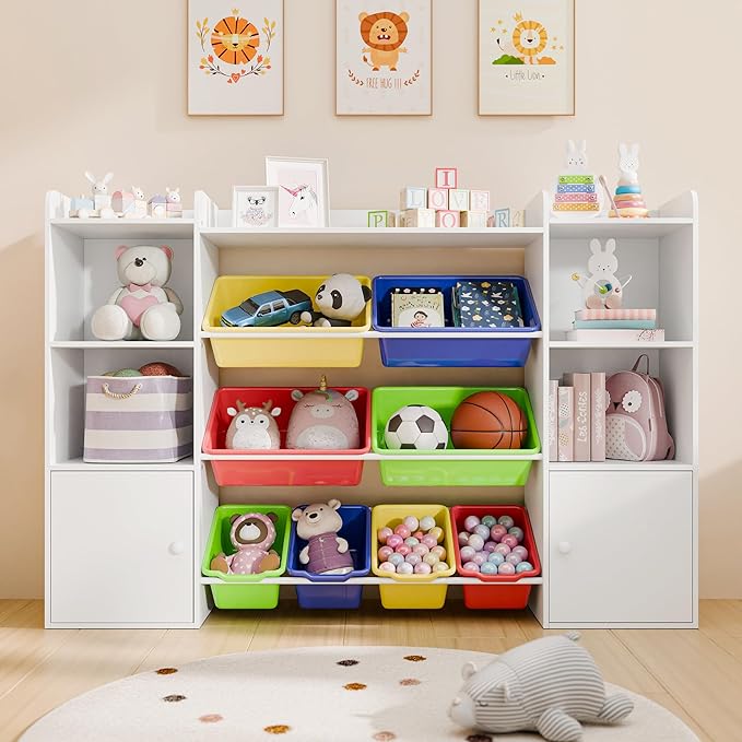 Large Kids Toy Storage Organizer with 4 Shelves and 8 Bins, Contemporary Style, Nursery Toy Organizers