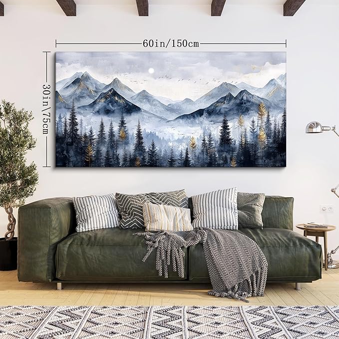 SERIMINO Mountain Landscape Large Wall Art, Misty Forest Canvas Prints, Blue Gold Watercolor Pine Tree Paintings Wall Decor Living Room Bedroom, Natural Scenery Office Decor Pictures 30"X60"