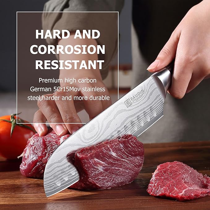 PAUDIN Santoku Knife, 7 Inch Kitchen Knife, Ultra Sharp Edge - Forged High Carbon German Stainless Steel, Professional Chef Knife with Ergonomic Handle, Gifts for Men and Women