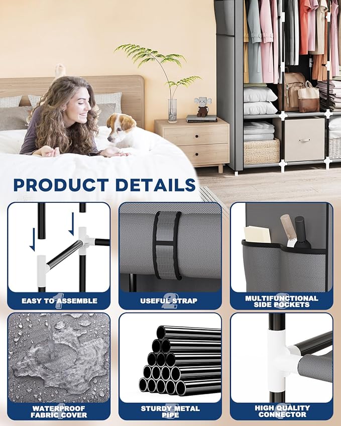 Mavivegue Portable Closet, Wardrobe Closet Organizer with Cover, 3 Hanging Rods and Shelves,Large Capacity for Bedroom, Living Room (Gray, 50" W x 17" D x 64" H)