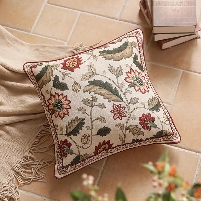 Design Square Pink Floral Linen Throw Pillow Covers 18"x18" Pack of 2, Vintage Country Flowers Pattern Cushion Covers Decor Pillowcases for Bed,Living Room,Outdoor,Car