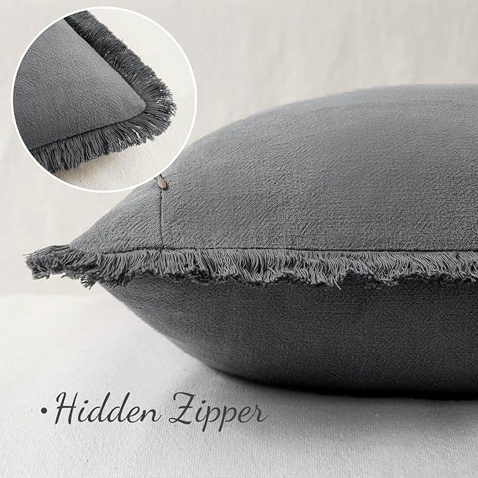MIULEE Decorative Throw Pillow Covers Neutral Linen Fringe Throw Pillows Set of 2 Dark Grey Boho Farmhouse Cushion Covers with Tassels for Couch Sofa Bed Living Room Spring Home Decor 18x18 Inch