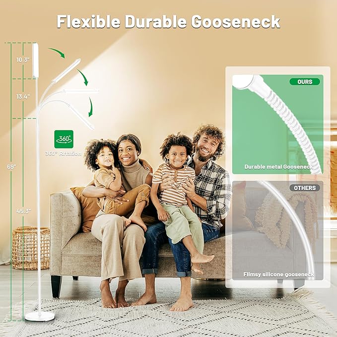 Dimmable LED Floor Lamp, Super Bright Reading Lamps Floor Standing Lamp with Remote & Touch Control, Stepless Dimming & 2700K-6500K Color Temperature, for Living Room Bedroom Office, White