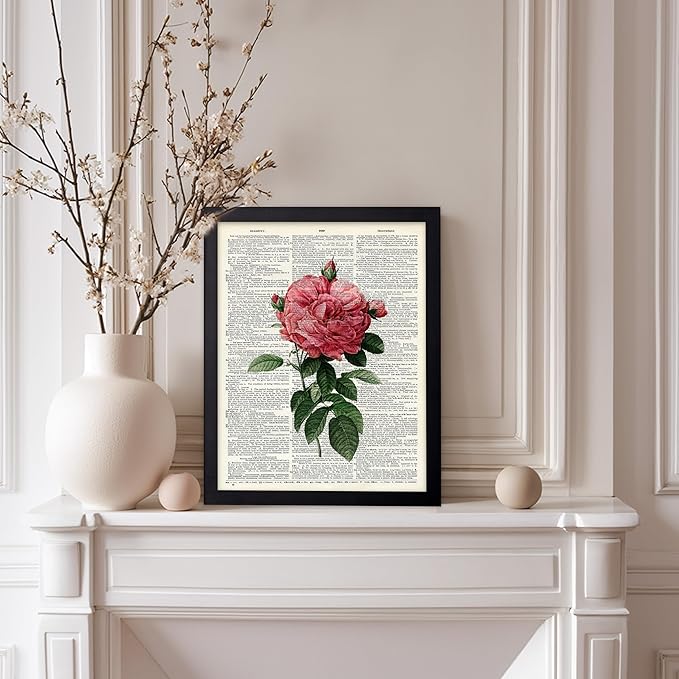 Poster Master Dictionary Art Poster - Pink Roses Print - Flower Art - Floral Art - Gift for Him, Her & Florist - Minimal Decor for Living Room, Bedroom, Dorm or Flower Shop, 8x10 Black Framed