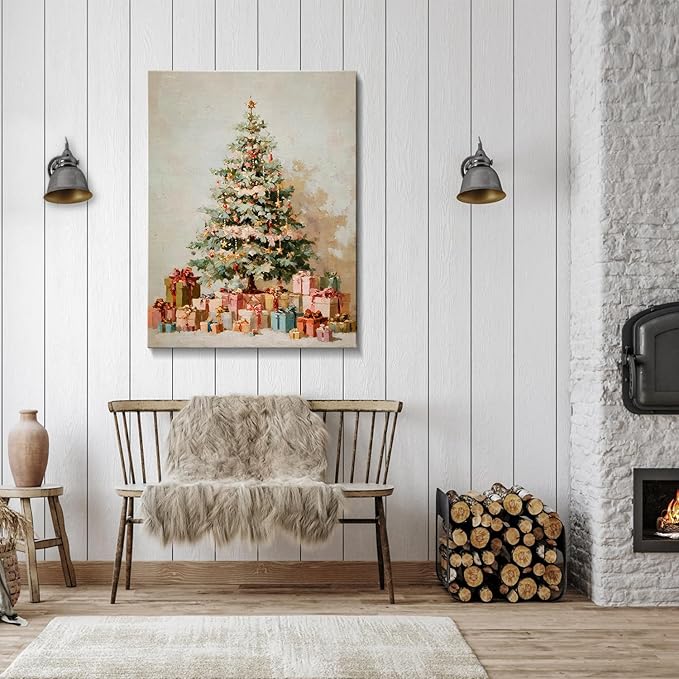 Vintage Evergreen Tree Christmas Canvas Wall Art - Rustic Pine with Gifts Framed Canvas Prints for Kitchen & Bathroom, Cozy Christmas Wall Decor, Ideal Christmas Gifts & Winter Decor