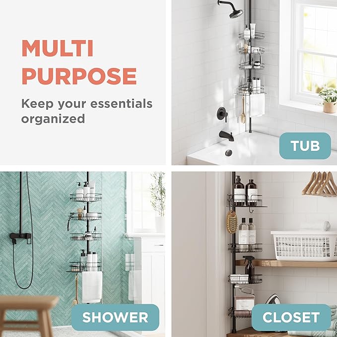 Zenna Home Tension Pole Shower Caddy Corner Organizer, Adjustable Standing Shower Caddy with 4 Baskets and Built in Towel Bar, Rust Resistant Bathroom Tension Rod Organizer, 60 to 97 Inch, Bronze