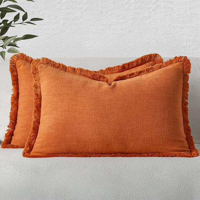 MIULEE Decorative Lumbar Throw Pillow Covers Neutral Linen Fringe Throw Pillows Set of 2 Orange Boho Farmhouse Cushion Covers with Tassels for Couch Sofa Bed Living Room Spring Home Decor 12x20 Inch