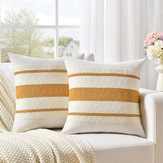 Fancy Homi Set of 2 Mustard Yellow Fall Decorative Throw Pillow Cover 16x16 Inch for Couch Bed Sofa, Autumn Halloween Thanksgiving Home Decor, Soft Cotton Aesthetic Cushion Case