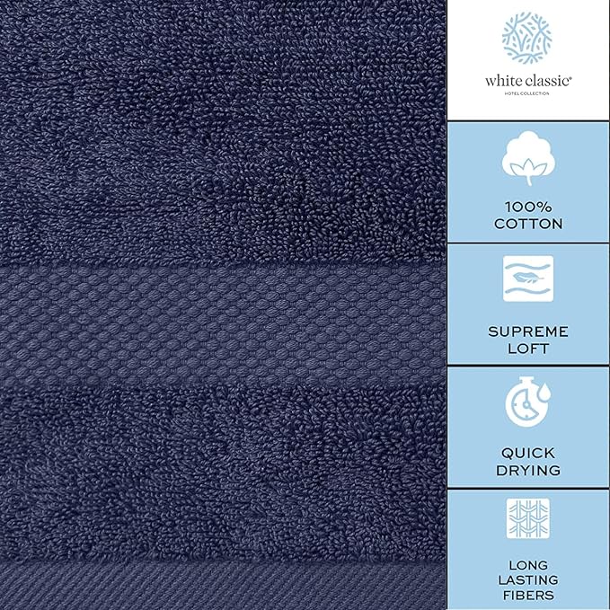 White Classic Luxury Bath Towels Set of 4 Large - 700 GSM Cotton Ultra Soft Bath Towels 27x54 | Highly Absorbent and Quick Dry | Hotel Towels for Bathroom Luxury, Plush Shower Towels, Navy